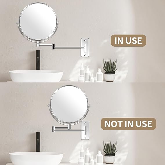 BTremary 8” Wall Mounted Bathroom Shaving Mirror 1X/7X Wall Mount Magnifying Mirror Swing Arm Two-Sided 360° Swivel Makeup Mirror for Men and Women in Hotel/Home, Chrome
