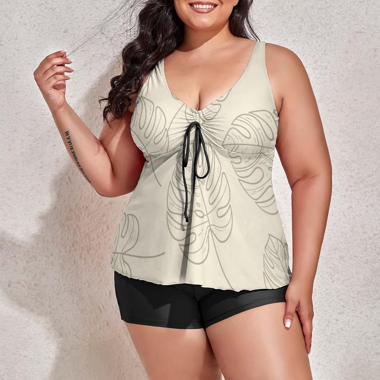 Women Plus Size Tankini Swimsuit with Top/Boyshorts Tropical Monstera Leaves Two Piece Bathing Suit Tropical Tree Plant Swimwear Tummy Control