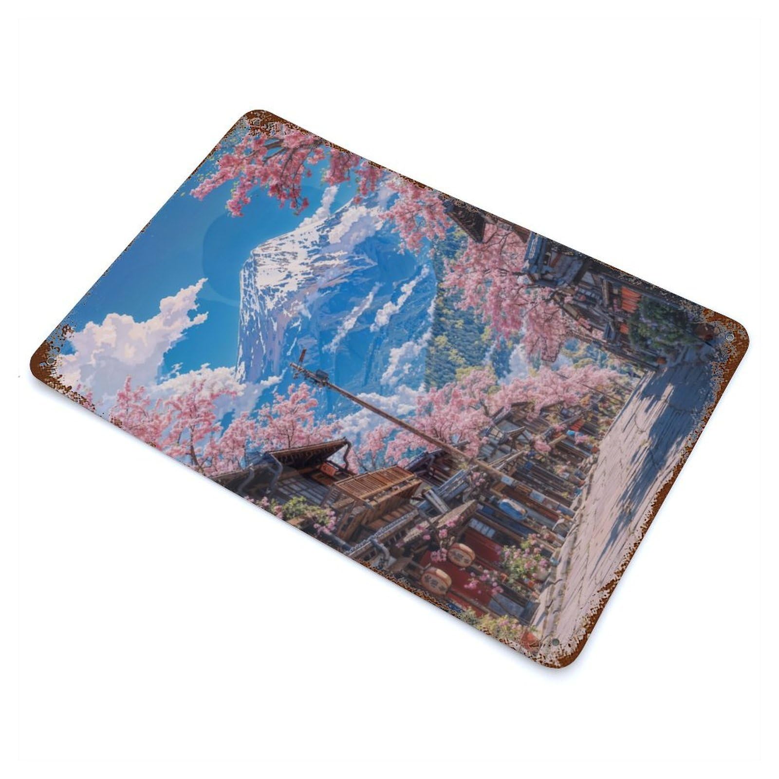 Rust Effect Japanese Sakura Bloom Fuji Decorative Tin Sign 11.8"x7.9", Farmhouse Wall Decor for Patio, Garden Room And Bar Decor