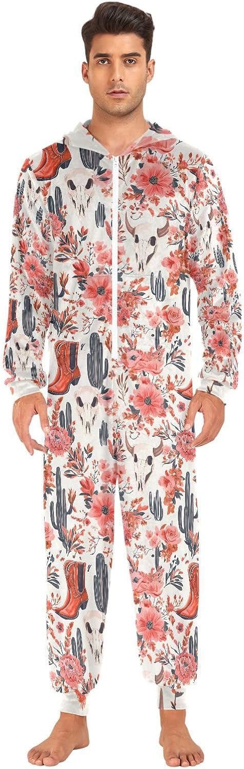 Western Cowboy Boots Cactus Red Adult Onesie Pajamas Novelty One Piece Costume Sleepwear Jumpsuits Matching PJS