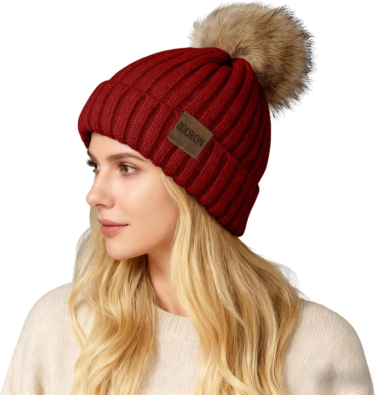 ZOORON Womens Winter Knitted Beanie Hat with Faux Fur Pom Beanie Warm Knit Skull Cap Beanie for Women