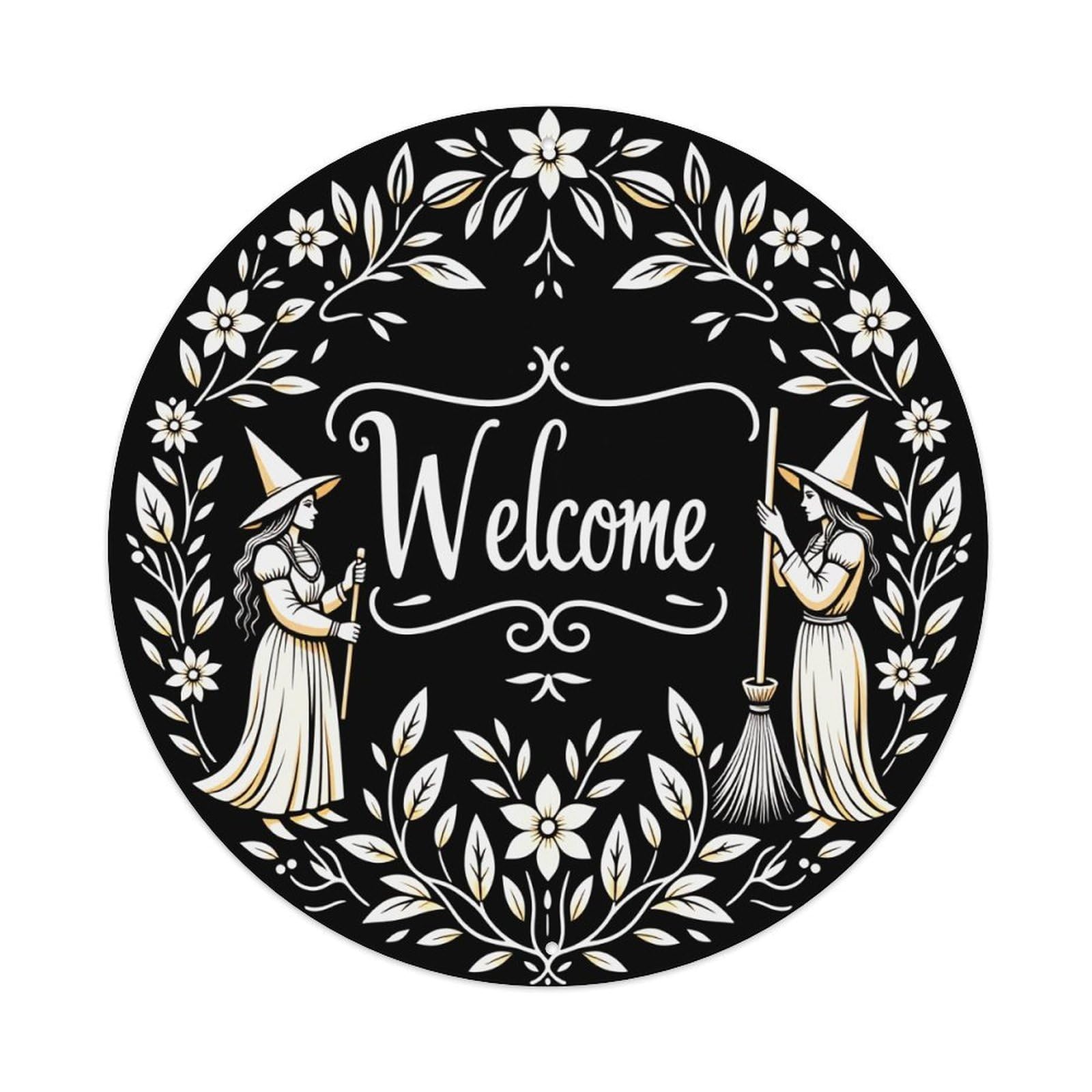 Witch Welcome Floral Pattern Design Vintage Metal Tin Sign Retro Wall Decor for Home Bar Garage Cafe, Indoor & Outdoor Decorative，circle Metal Poster, 8x8 Inch