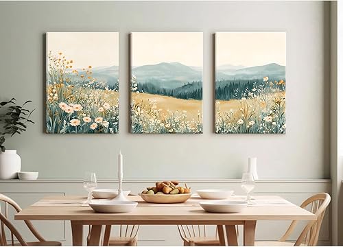 Miniatura 133 de Arte de pared bohemio con margaritas, decoración de pared de lienzo de montaña, impresiones abstractas de flores silvestres, puesta de sol, arte de