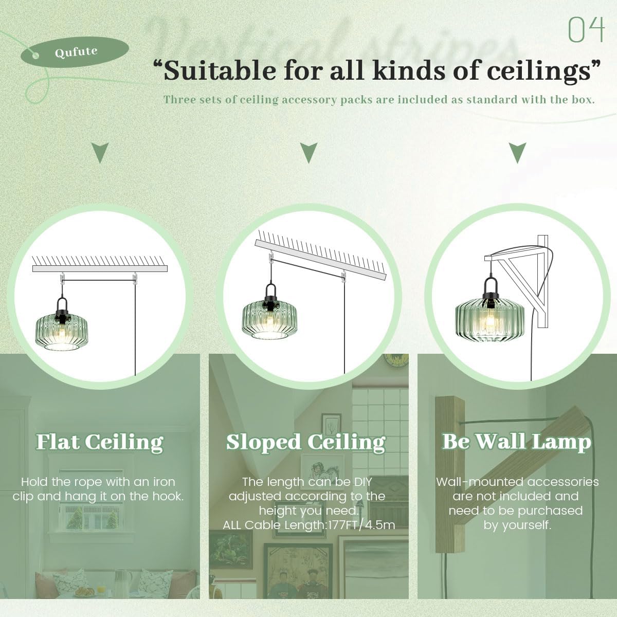 Plug-in Hanging Lamp Light Green Pendant Lights with 14.7 ft Cord Vintage Large Striped Glass Pendant Lamp Modern Glass Hanging Light Plug in Chandelier Lighting Mid Century Swag Lamp