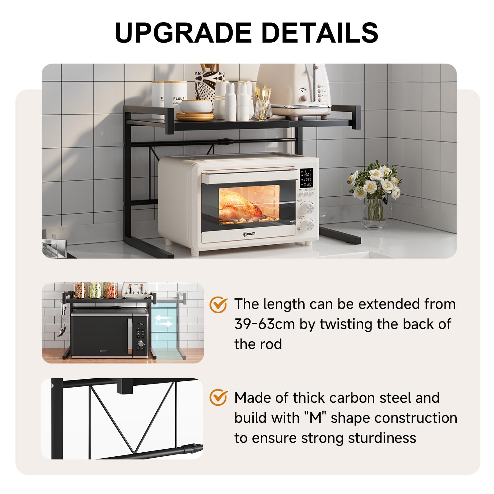 BTGGG Étagère extensible à 2 niveaux en métal pour four à micro-ondes - Support de boulanger de cuisine - Organiseur de rangement avec 4 crochets - Capacité de charge de 20 kg