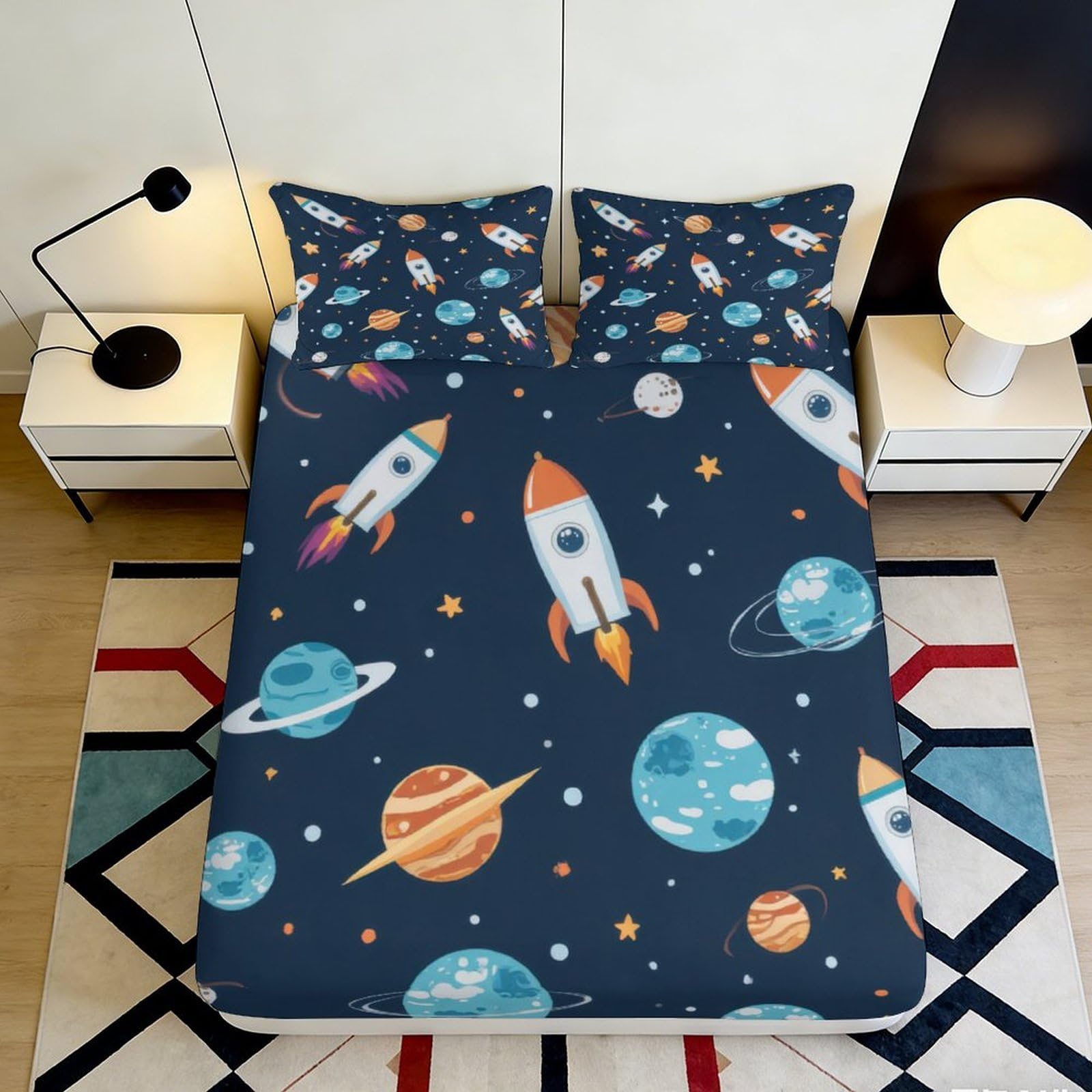 3D Printed Space Fitted Sheet Microfiber Deep Pocket Non-Slip Space Mattress Fitted Cover Bedroom Bedding 180x200x25cm