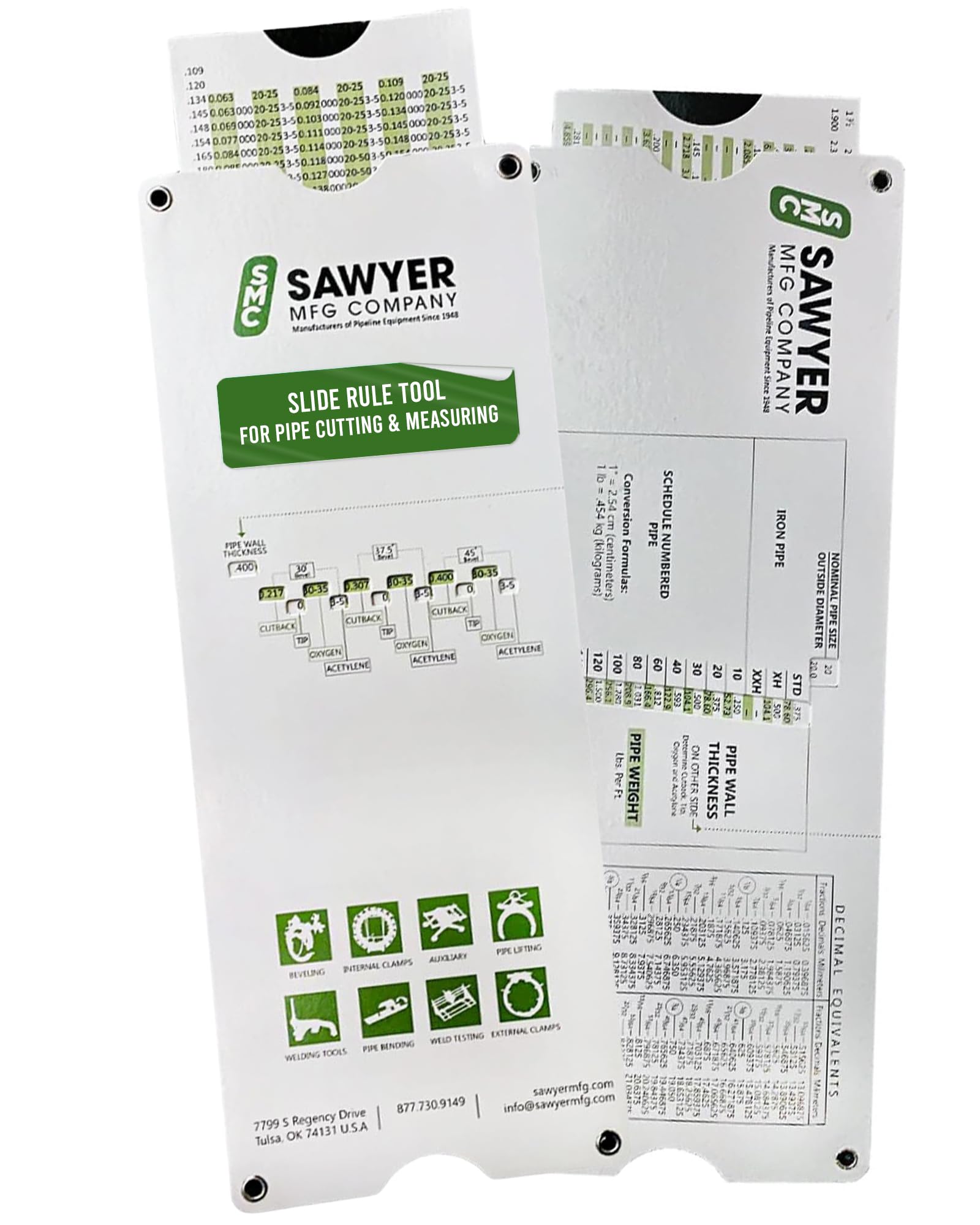 Sawyer Mfg Company - Slide Rule Tool for Pipe Cutting & Measuring - Ruler to Easily Determine Pipe Thickness, Weight & Cutback Lengths with Oxygen & Acetylene Settings for Bevels - 11.5” x 4.25”