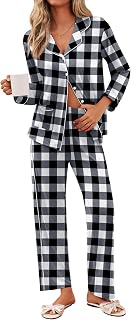 Ekouaer Women's Brushed Knit Pajama Set, Button-Down Long Sleeve with Pockets