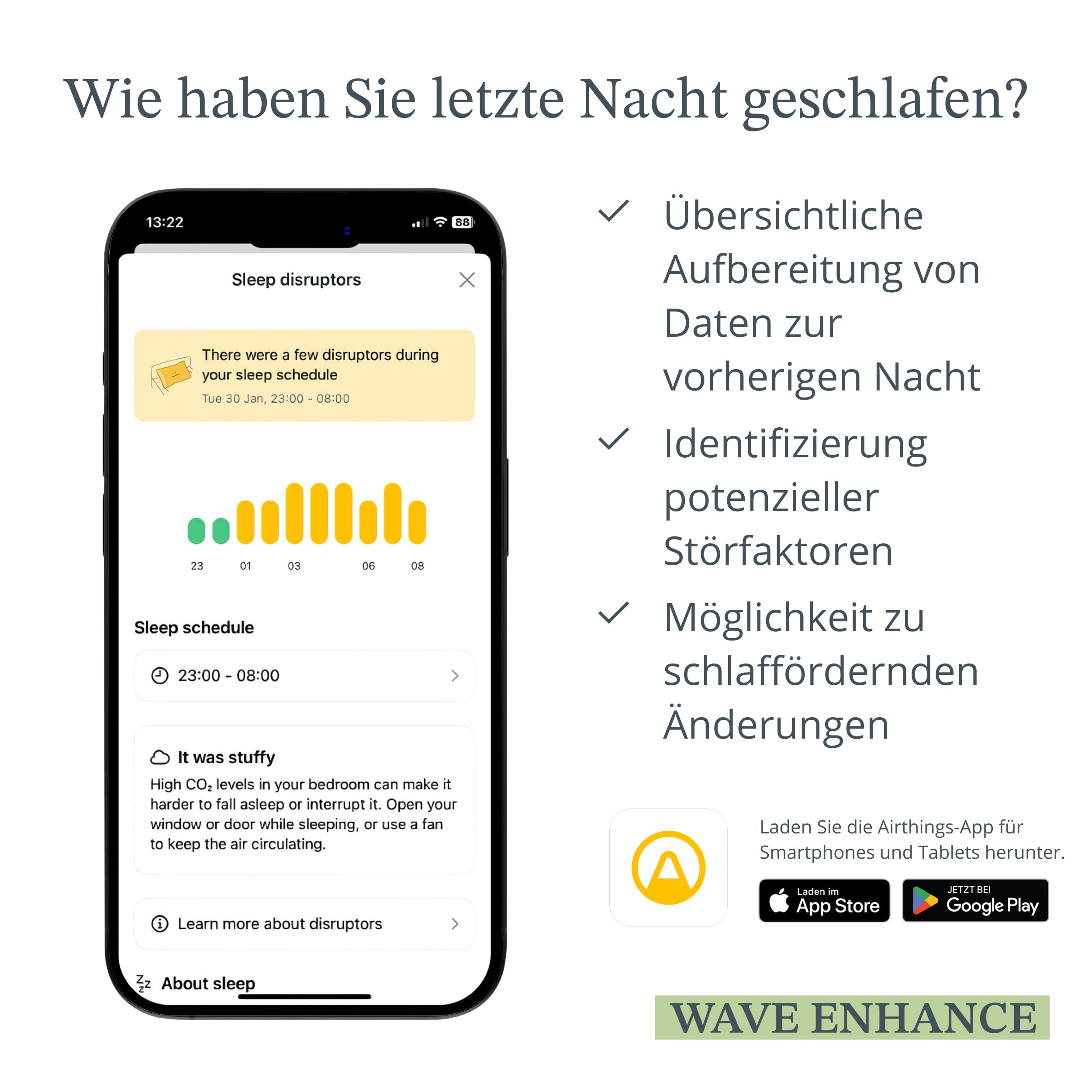 Airthings 321 Wave Enhance – Kompakter Raumluftqualitätsmonitor (CO2, VOC, Luftfeuchtigkeit, Temperatur, Druck sowie Umgebungsgeräusch- und Lichtsensoren) für Schlaf- und Arbeitszimmer