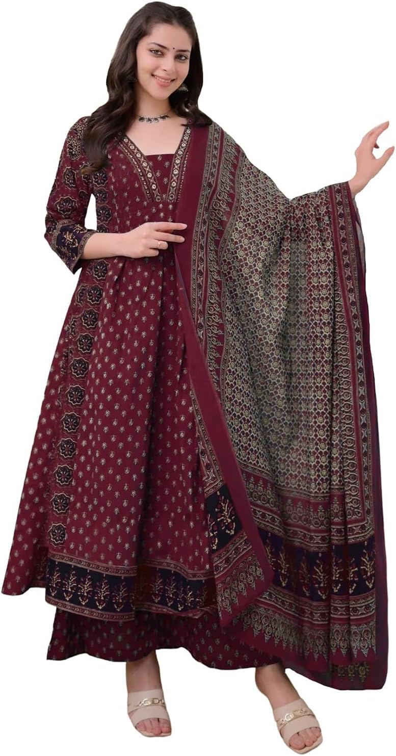 DREAMANGEL FASHION Women Party Wear Printed Anarkali 3/4 Sleeve Kurta and Pant Set with Dupatta (US, Alpha, Small, Regular, Regular, Wine)