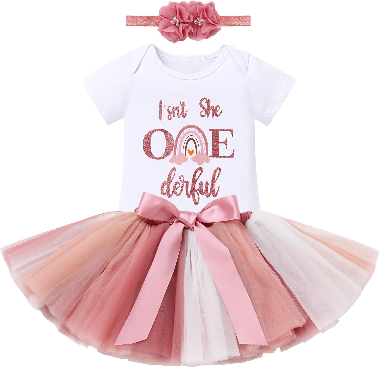 ODASDO Baby Girl's First Birthday Outfit Flower Printed Cotton Short Sleeve Romper Tutu Skirt Crown Headband 3PCS Set