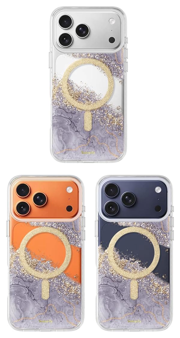 SCORPIFY for iPhone 17 Pro Case [Compatible with MagSafe] with Dusk Halo, Cute Clear Magnetic Phone Cover Bumper for Women Girls, Glitter Sparkle Gold Foil Flakes & Purple Lavender Texture by SCORPIFY - Image 2