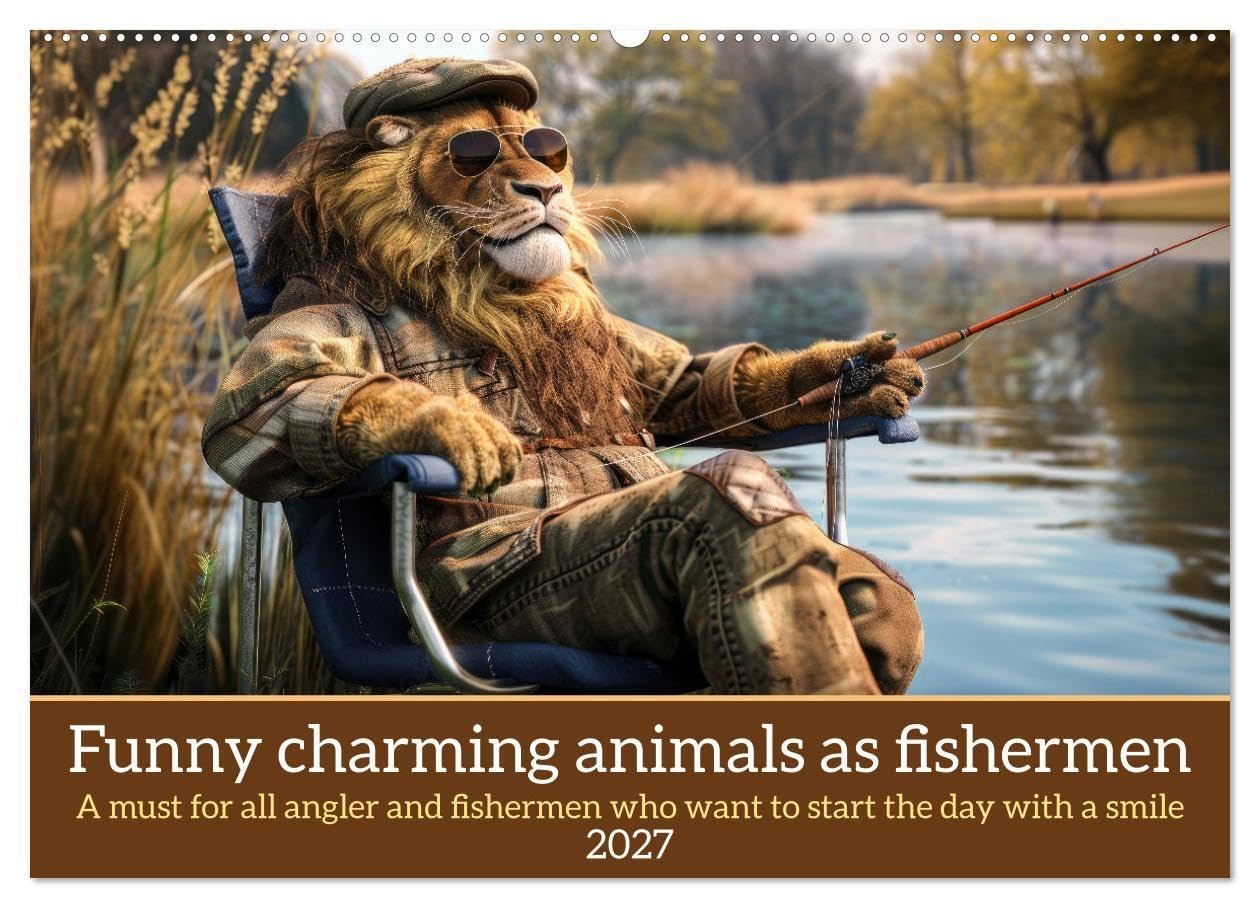 Funny charming animals as fishermen (Wall Calendar 2027 DIN A2 landscape), CALVENDO 12 Month Wall Calendar: Funny animals sit in fishing outfits at a lake fishing, accompanied by humorous sayings