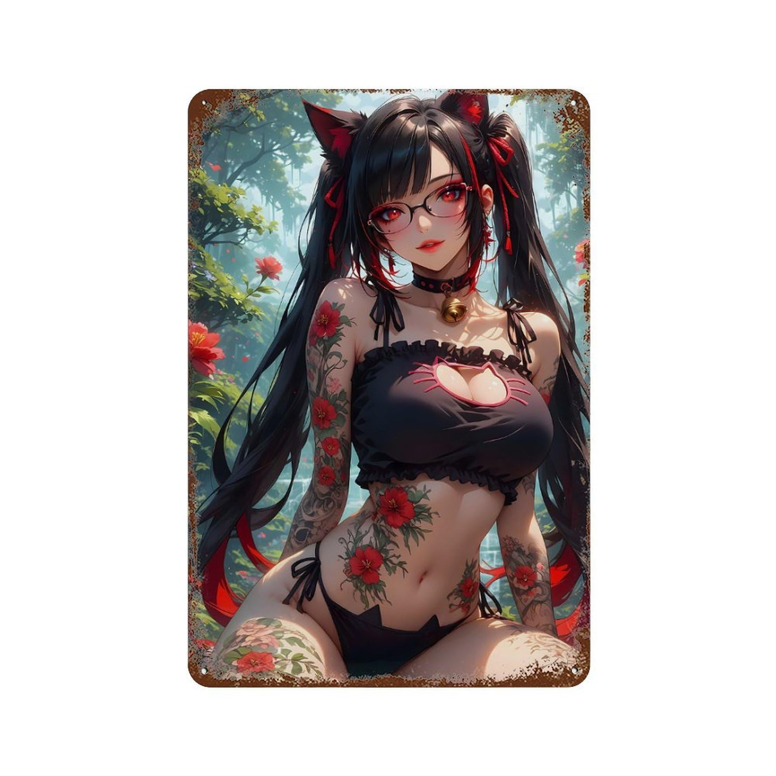 Anime Cat Girl with Tattoos 11.8"x7.9" Distressed Metal Wall Sign, Retro Wall Decor for Garage, Bar And Workshop Decor