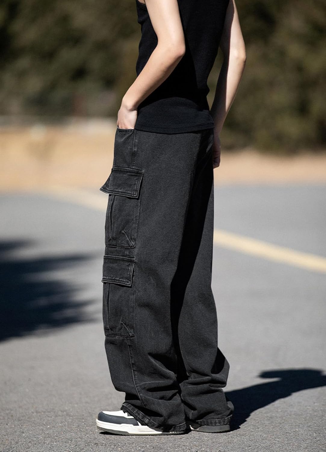 Baggy Cargo Jeans Men Teen Boys Casual Loose Jeans Flap Pockets Y2k Denim Pants 90s Hip Hop Streetwear Medium Black image 3 of 7 B0D2XSJVF3