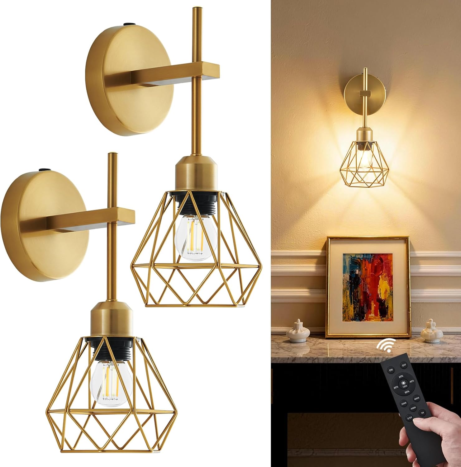 Gold Hollow Wireless Battery Operated Wall Sconces Set of 2, 8000mAh Rechargeable Dimmable Wall Light with Remote, Cordless Battery Powered Lamp Decor Fixture for Bedroom Living Room Hallway