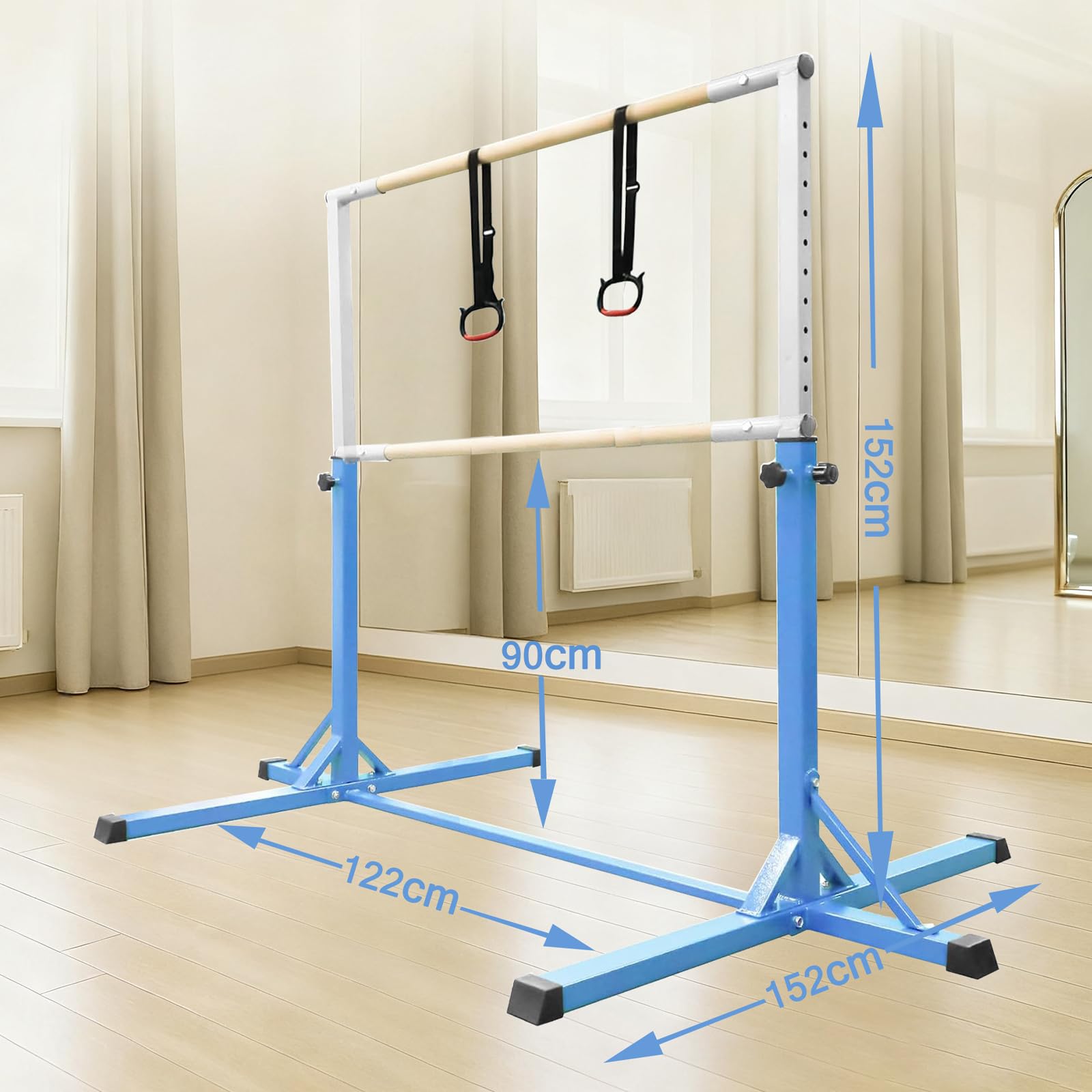 Kids Gymnastics Bar Horizontal Bar with Gymnastic Rings 13 Height Adjustable,Junior Training Kip Bar Gymnastics Equipment for Home Gym, Indoor Outdoor Use