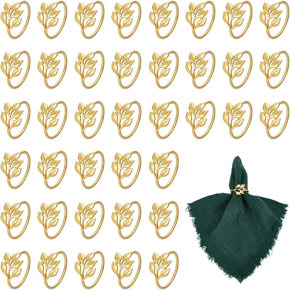 UNICRAFTALE 100pcs Golden Alloy Leaf Napkin Rings Bulk Metal Leaf Napkin Ring Holder Dinner Banquet Serviette Decor for Dinner Parties Thanksgiving Christmas Holiday Wedding 42mm Diameter
