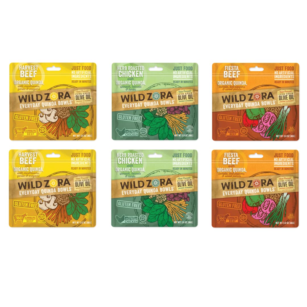 Wild Zora Organic Quinoa Bowls - Meat Multipack Sampler - Gluten Free Quinoa with Free-Range Chicken, Grass-Fed Beef, and 100% Cold Pressed Extra Virgin Olive Oil