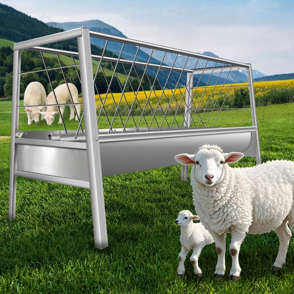 94 Gallon Hay Feeder for Goats, Heavy Duty Alloy Steel Livestock 2 in 1 Grain & Hay Feeder, Deeper Feeding Pan Goat Hay Feeder for Goats, Sheep Sheds, Easy Assembly, Detachable Grain Tray, Slivery