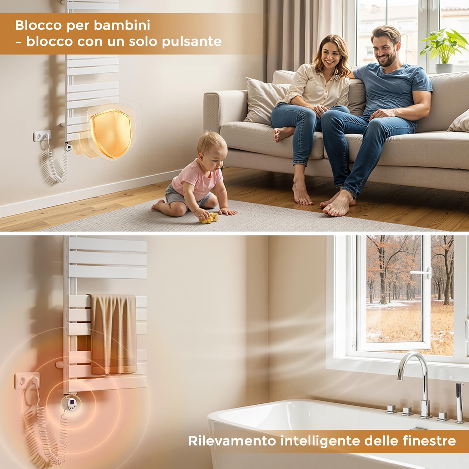 S'AFIELINA Resistenza Elettrica per Scaldasalviette 900W con Termostato | Resistenza per Termosifone Bagno in Acciaio Inox, WiFi, Timer Programmabile, Temperatura Regolabile, Bianco