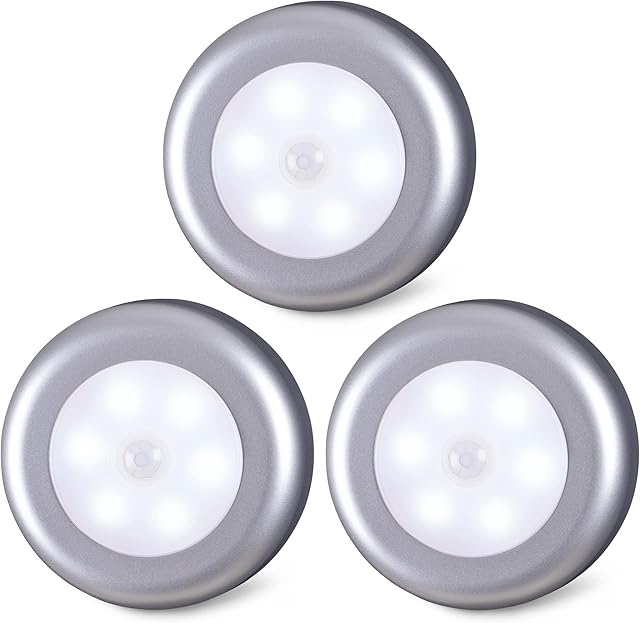 Motion Sensor Lights Indoor, STAR-SPANGLED High CRI Stick on Puck Lights Battery Powered, Cordless LED Light for Under Cabinet, Cupboard, Wardrobe, Stairs, Kitchen, Hallway (Silver, Cool White, 3Pack)