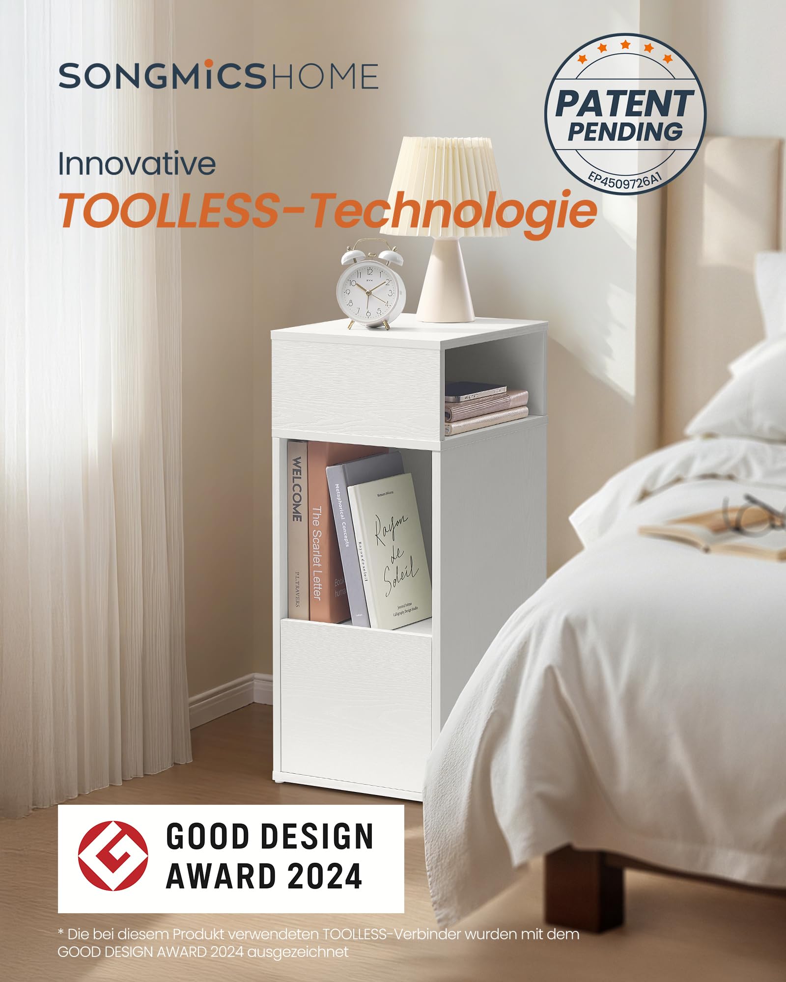 SONGMICS HOME Nachttisch, superschnelle werkzeuglose Montage, Toolless-Technologie, Nachtschrank mit Schublade, Beistelltisch schmal, platzsparend, 30 x 25 x 59,4 cm, Schneeweiß LET911WE01