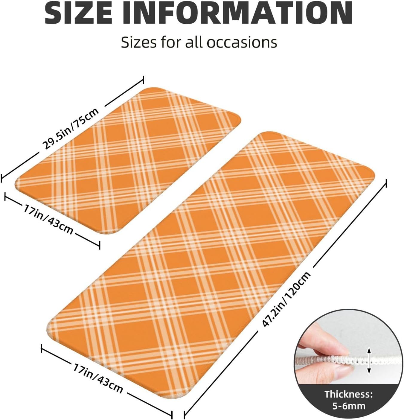 Orange Plaid Print Kitchen Rugs Sets of 2 Non Slip Washable, Anti Fatigue Kitchen Mats for Floor, Home Decor