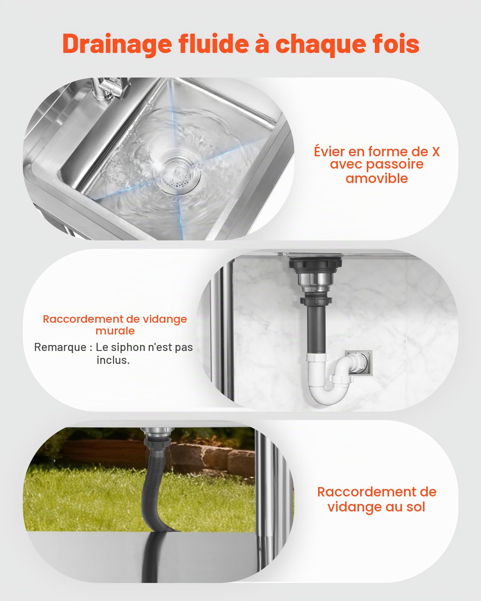 VEVOR Évier cuisine utilitaire en acier inoxydable, évier professionnel autoportant à cuve unique avec tiroir, robinet et tuyau d'eau chaude et froide, pour garage, restaurant, buanderie 120x50x94 cm