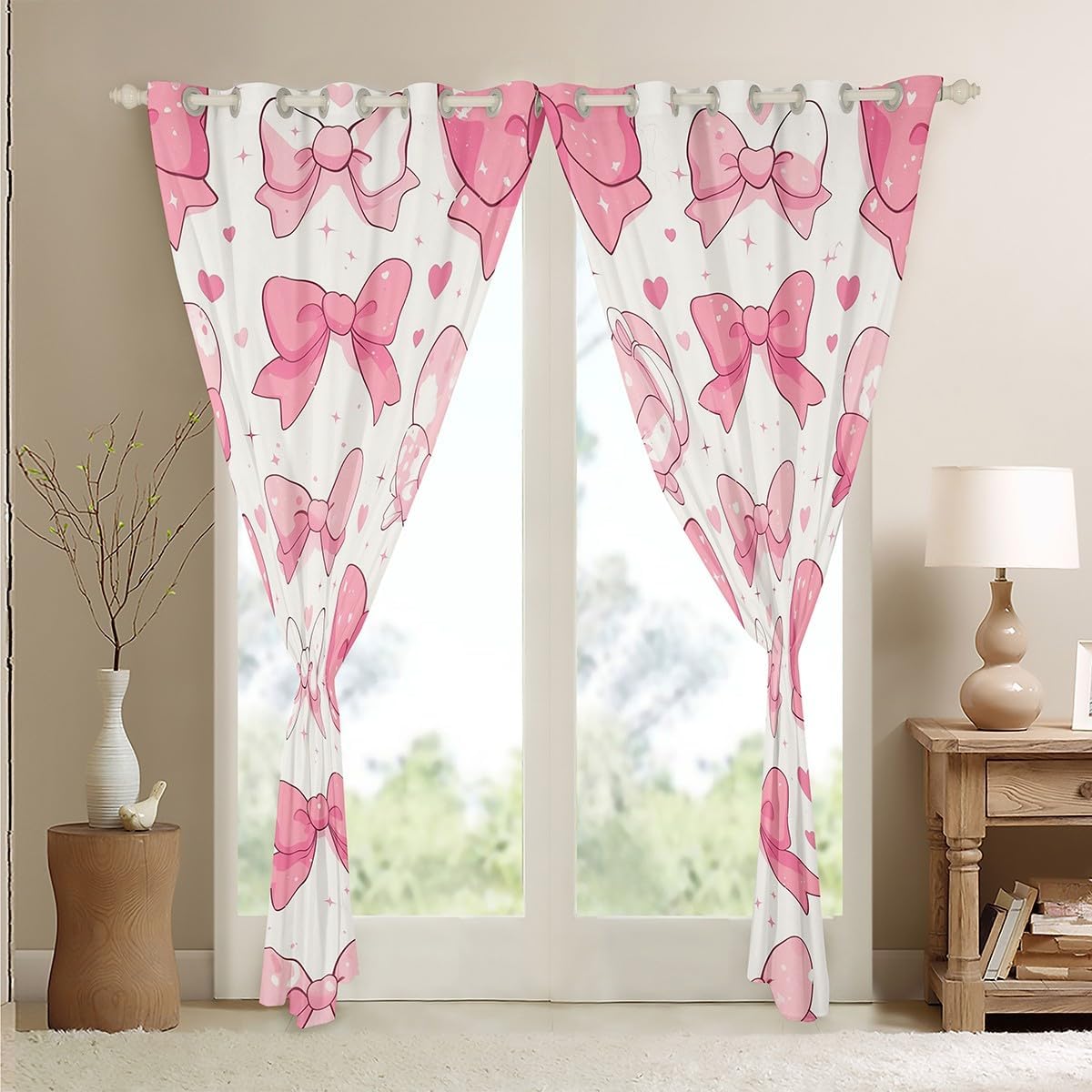 Feelyou Pink Love Hearts Bowknot Curtains,Dreamy Princess Window Curtains for Bedroom Living Room,Cartoon Bow Girly Window Drapes,Cute Bow-Tie Blackout Curtains, 42W X 63L,2 Panels