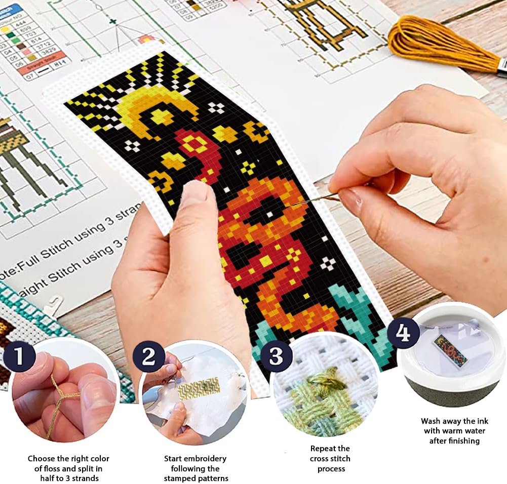 ORIGACH 12 Set Moths & Divination Cross Stitch Bookmark Kit for Beginner with Backing Felt Floss Instructions Tarot Sun & Star DIY Stamped Embroidery Bookmark Kit for Adults, Book Lovers