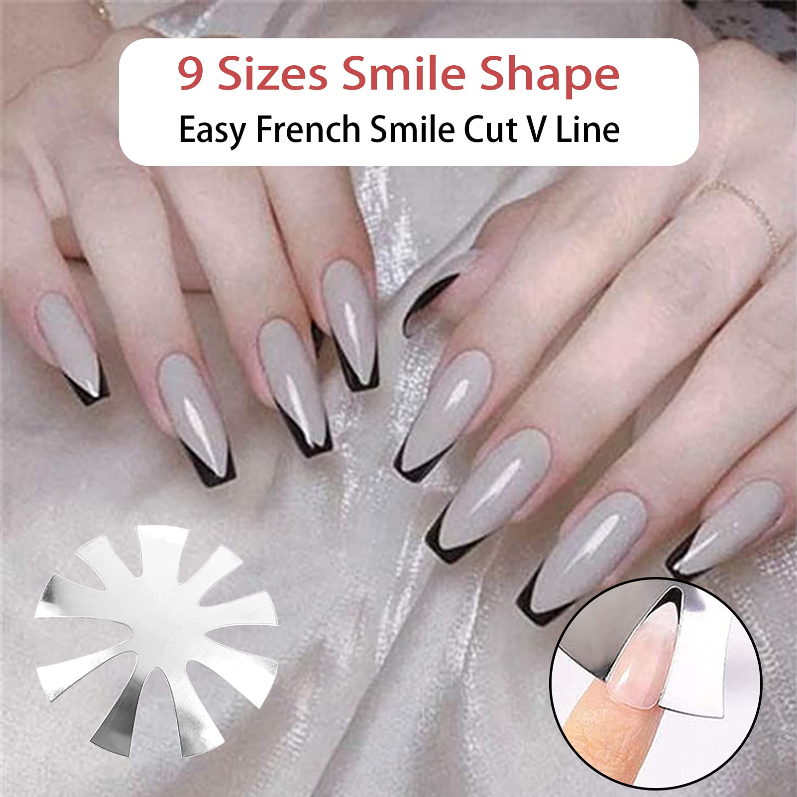 NICENEEDED 5Pcs Easy French Smile Line Cutter Herramientas, 3 Uds, Plantillas de Recortador de Bordes En Forma de C de Acero Staniless de Manicura Y 2 Uds, Pinceles para Decoración de Uñas para Kit
