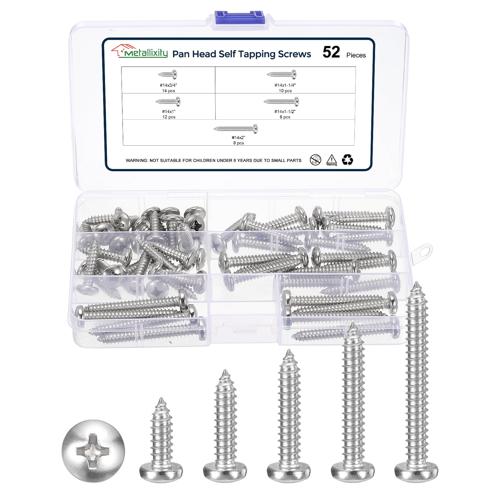 METALLIXITY Phillips Pan Head Self Tapping Screws(#14) 52Pcs, 304 Stainless Steel Self Drilling Screw Assortment Kit for Metal Wood Plastic, for Cabinet Wall Shutter Plate Furniture, Silver