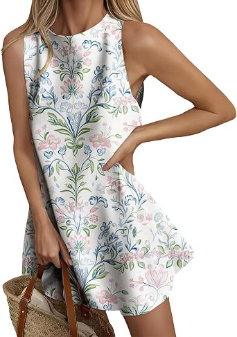 Womens Boho Floral Mini Dress Summer Fashion Sleeveless Crewneck Tank Dress Loose Lightweight Beach Vacation