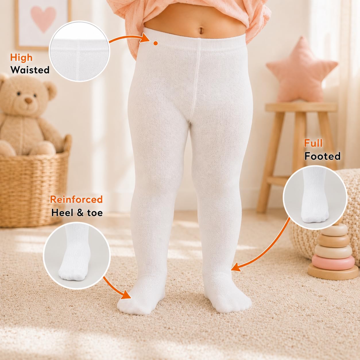 Supersox Cotton Tights for Babies | Combed Cotton, Breathable, Moisture Absorbent & Anti Odour | Soft, Stretchable Full-Length Baby Tights for All-Day Comfort | 0-12 Months | White | Pack of 1 3