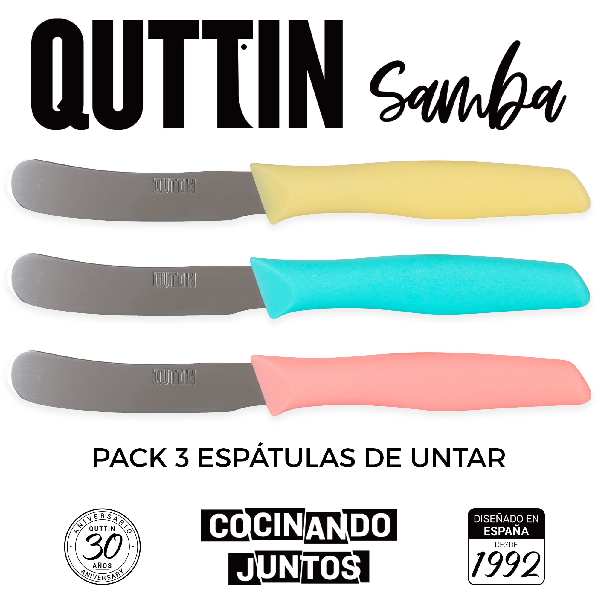 Quttin Cuchillo Untar Mantequilla Set de 3 Piezas. Ligero y Manejable con Hoja Afilada, Higiénico y Resistente. Mango Polipropileno en 3 Colores. Modelo Samba