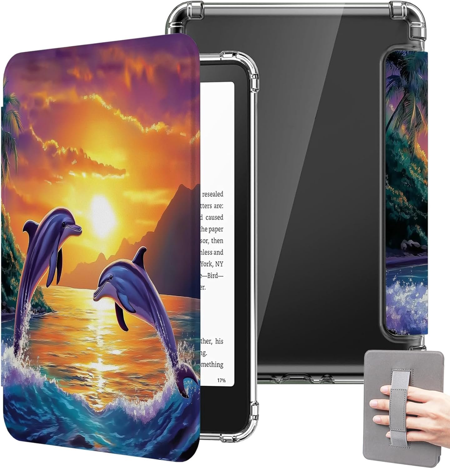 Case for 6.8” Kindle Paperwhite 11th Gen 2021 Cover & Kindle Paperwhite 2021 Signature Edition E-Reader Clear Back Smart Cover with with Auto Sleep/Wake and Hand Strap,Sunrise Dolphin Jumping