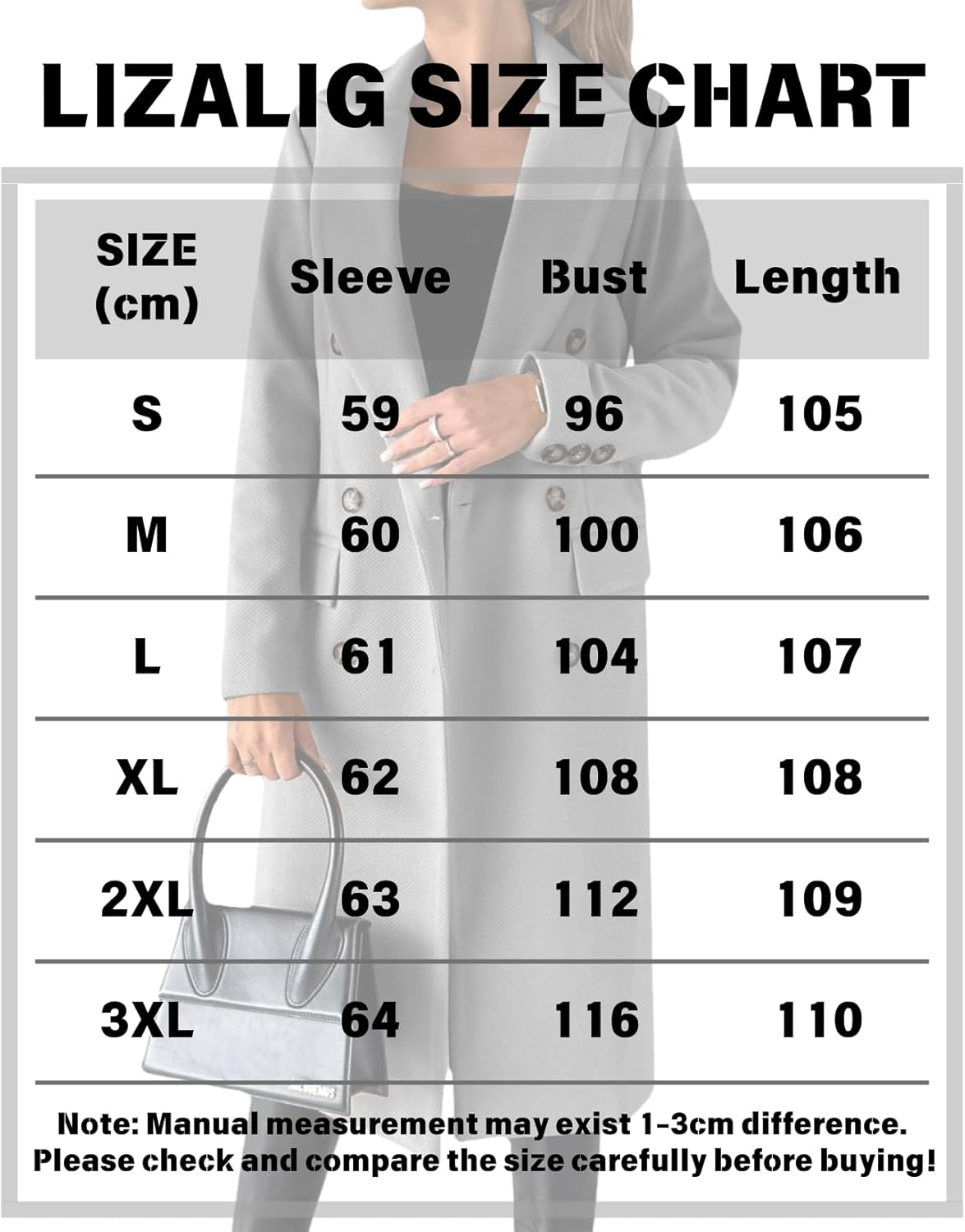 LIZALIG Women's Long Wool Double Breasted Coat - Elegant Fall Winter Peacoat Trench Style Outerwear for Daily Wear