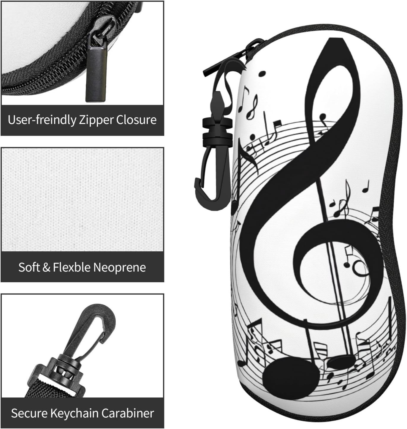 (Music) Portable Glasses Case Soft Lightweight Eyewear Pouch with Zipper Neoprene Sunglasses Bag with Carabiner Compact Flexible Travel Sleeve for Purse Backpack Car Office image 5