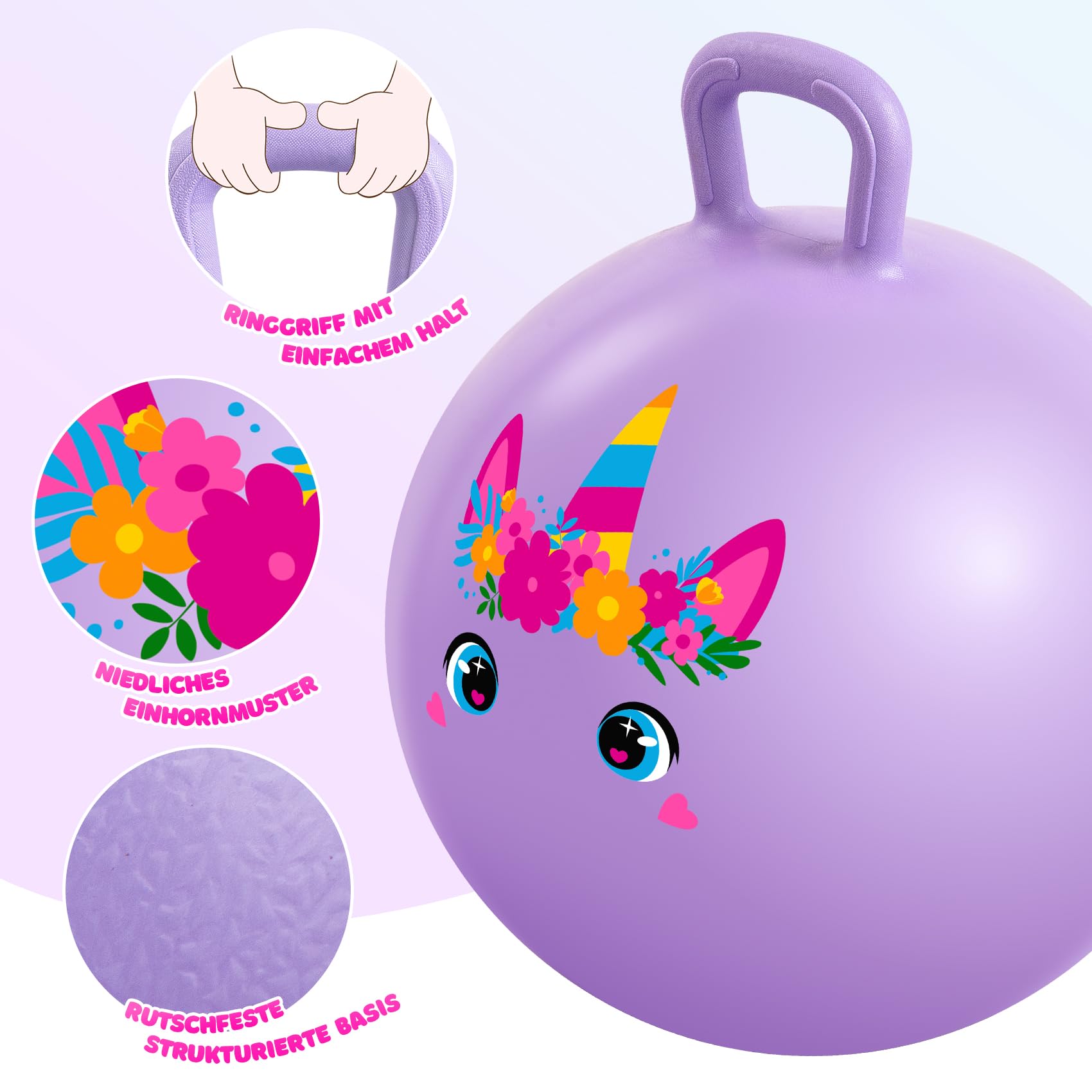 INPODAK Violett Einhorn Hüpfball für Kinder rutschfest Space Hopper 100 KG Belastbar Sprungball mit Griff Aufblasbarer Hopper Ball mit Pumpe 18 Zoll Hüpfball für Kinder 3-8Jahre Drinnen & Draußen
