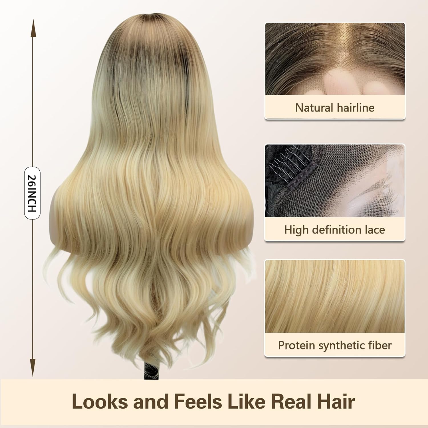 26" HD Lace Front Wig - Glueless Pre-Plucked Ombre Golden Wheat Wavy Hair 13x6 Natural Hairline Synthetic Wig for Women