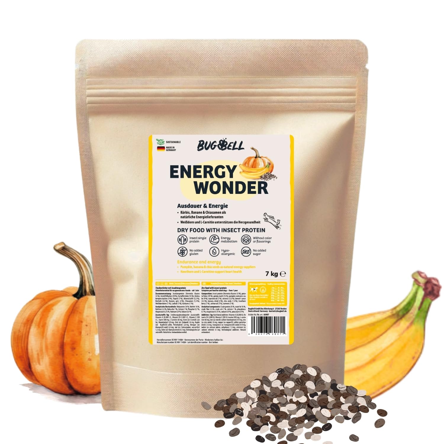 BugBell 7 kg High Energy sucha karma dla psów, białko owadów bez zbóż, bananów, dyni i chia, oleju z łososia i L-karnityny, wspierają aktywne życie psa, 100% przezroczysta deklaracja | High Energy sucha karma dla psów zapewnia wytrzymałość i energię – z L