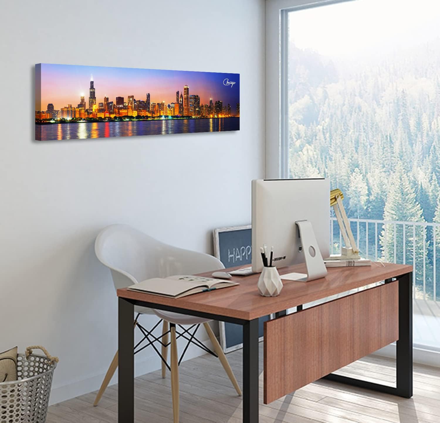 Wall Decor Living Room Chicago Skyline Wall Art Canvas Prints Cityscape USA City Building Panoramic Night View Posters Colorful Painting Modern Home Office Bedroom Decoration Framed 13.8"x45.3"