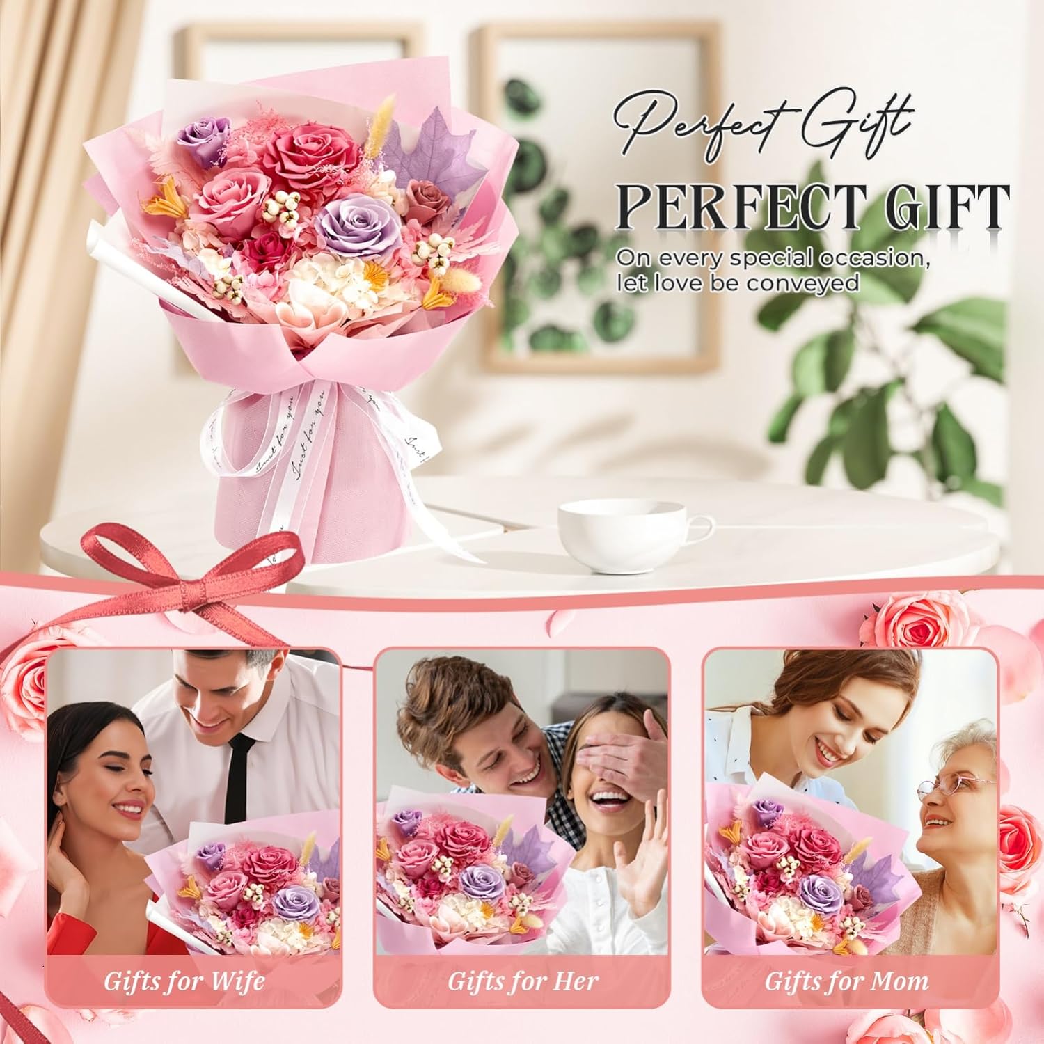 Preserved Flowers Roses Bouquet with Vases Real Pink Flowers for Delivery Prime, Forever Glitter Rose Bouquets Kit,Handmade Flowers Eternal Rosas,Gifts for Graduation Mom Women Birthday(Pink)