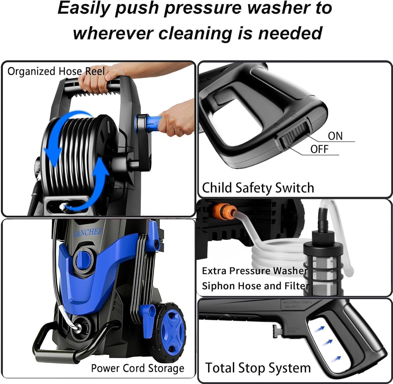 2026Upgraded Pressure Washer 4800PSI w/4 Quick Connect Nozzles, Inlet Hose & Filter&500ML Soap Tank, High Cleaning Machine for Cars/Fences/Driveways/Patios/Home Cleaning,Blue thumbnail