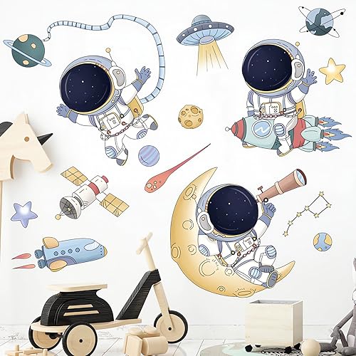 Miniatura 2 de Calcomanías de pared de astronauta espacial de dibujos animados, platillos voladores cósmicos de sacinora calcomanías de vinilo removible para