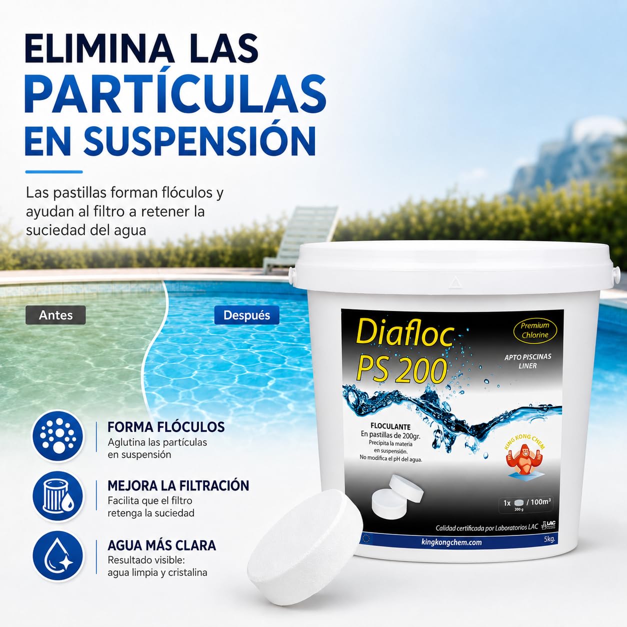 DIASA INDUSTRIAL Floculante en Pastillas 200 gr DIAFLOC PS 200-5 KG - Clarificante Piscinas Grandes - Elimina particulas en suspensión - Apto Piscinas Liner