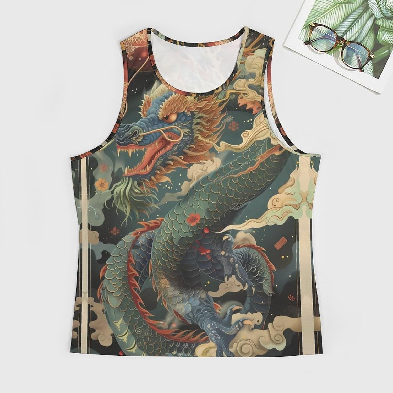 MARSVOVO Men's Chinese Loong Tank Tops 2024 Novelty Eastern Dragon Print Sleeveless Crewneck Western Sportswear Vest