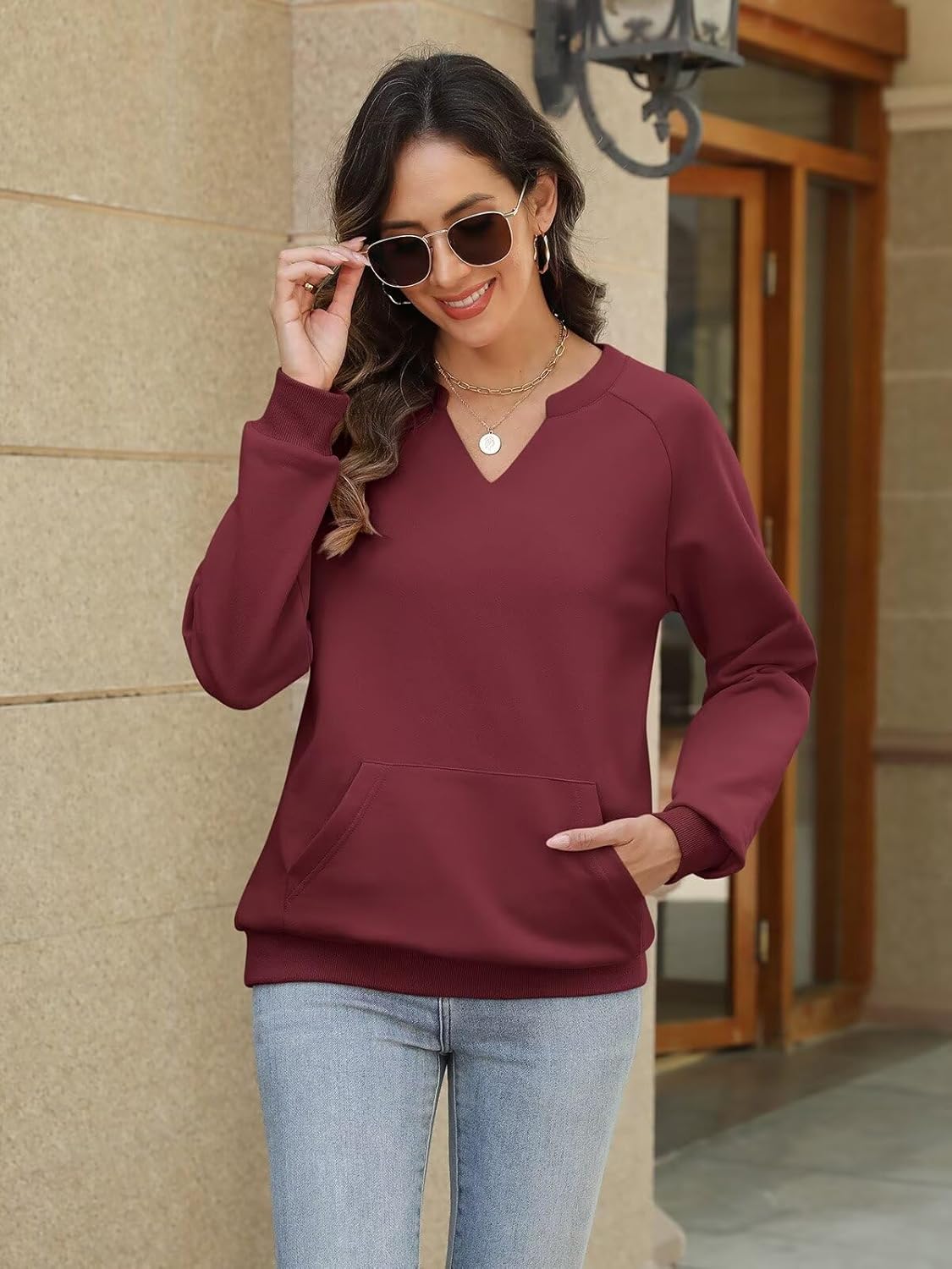 EADINVE Womens V Neck Sweatshirts with Pockets Fleece Pullover Casual Loose Fit Long Sleeve Tops Fall Clothes 2025 - Image 3