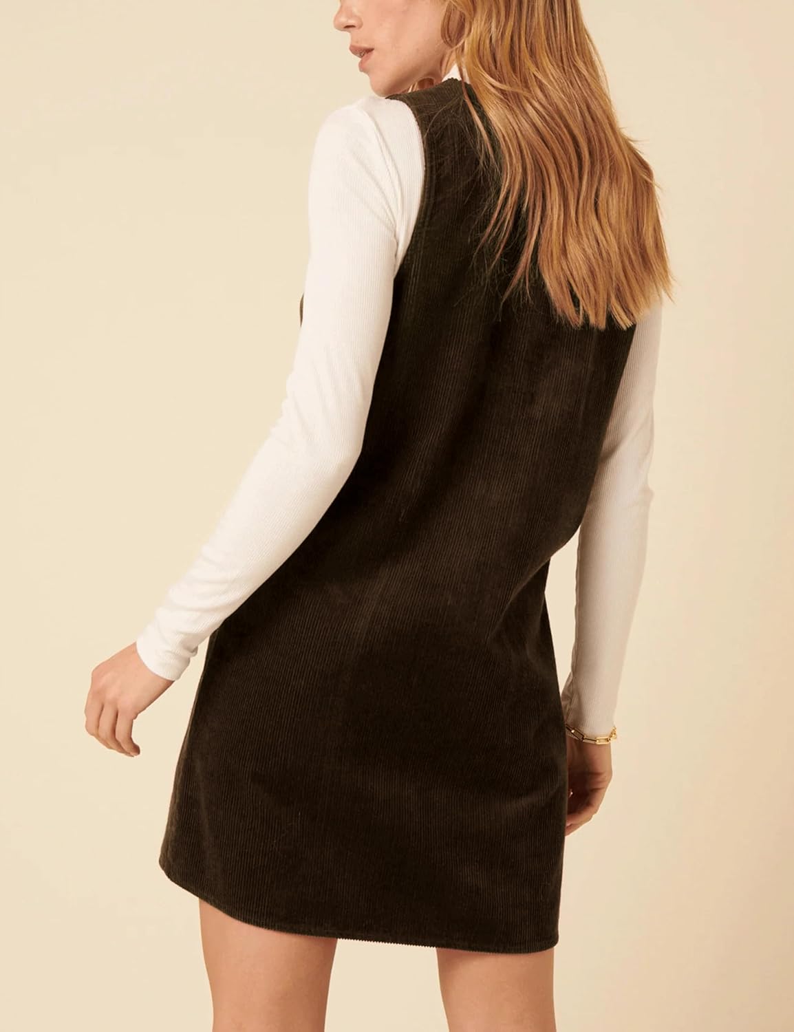 Hooever Women Corduroy Overall Dress V Neck A Line Skirtall Jumper Mini Dress Pinafore with Pockets - Image 2